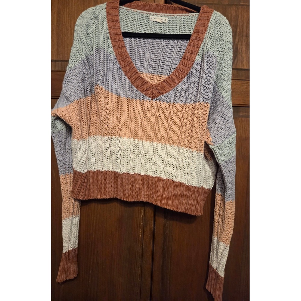 Aeropostale Striped V-Neck Sweater Womens Large Multicolor Pastel Boho Open Knit - Picture 2 of 5